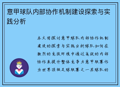 意甲球队内部协作机制建设探索与实践分析