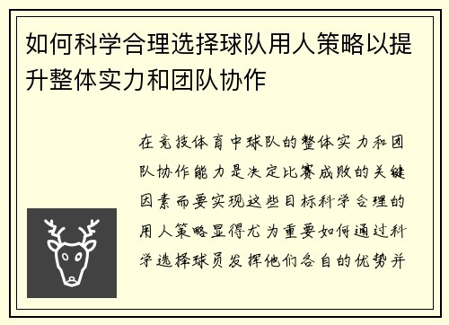 如何科学合理选择球队用人策略以提升整体实力和团队协作