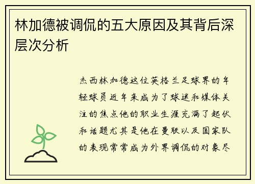 林加德被调侃的五大原因及其背后深层次分析