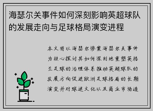 海瑟尔关事件如何深刻影响英超球队的发展走向与足球格局演变进程